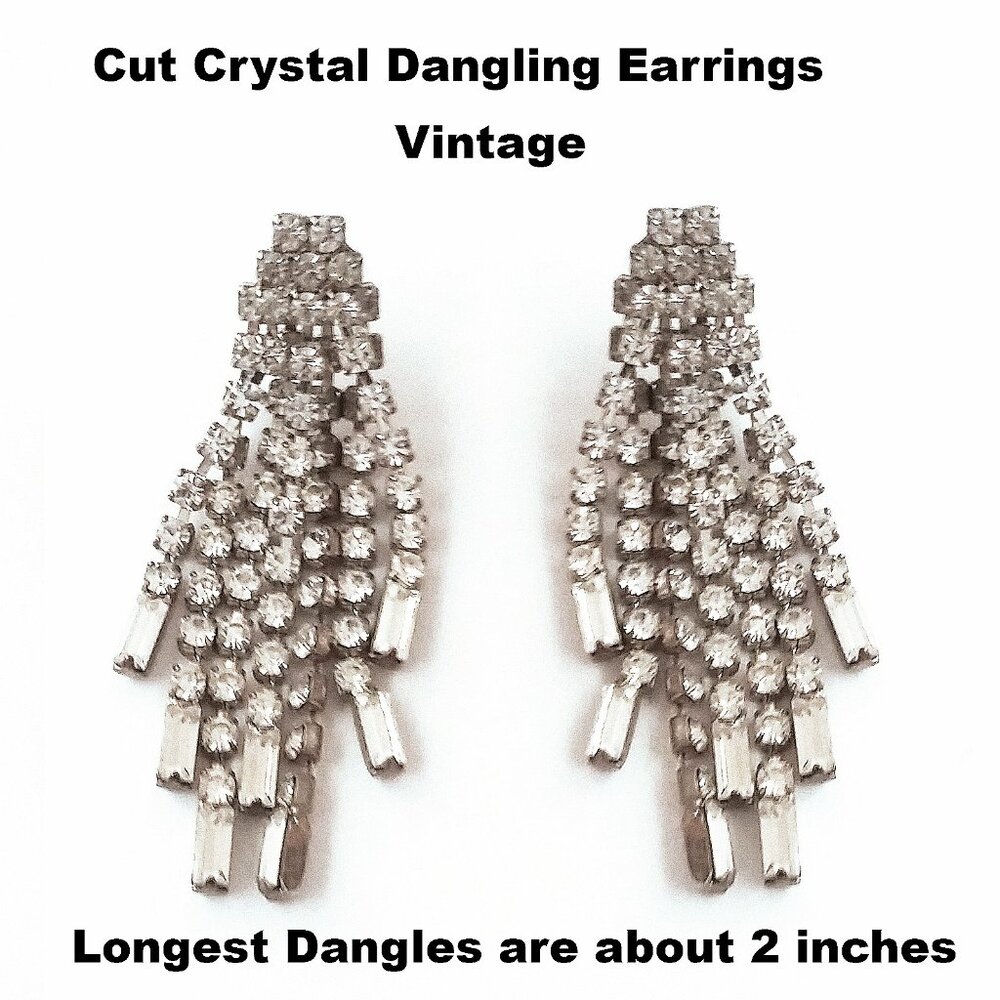 Cut Crystal Sparkling Dangling Earrings - Vintage - 2 inches long